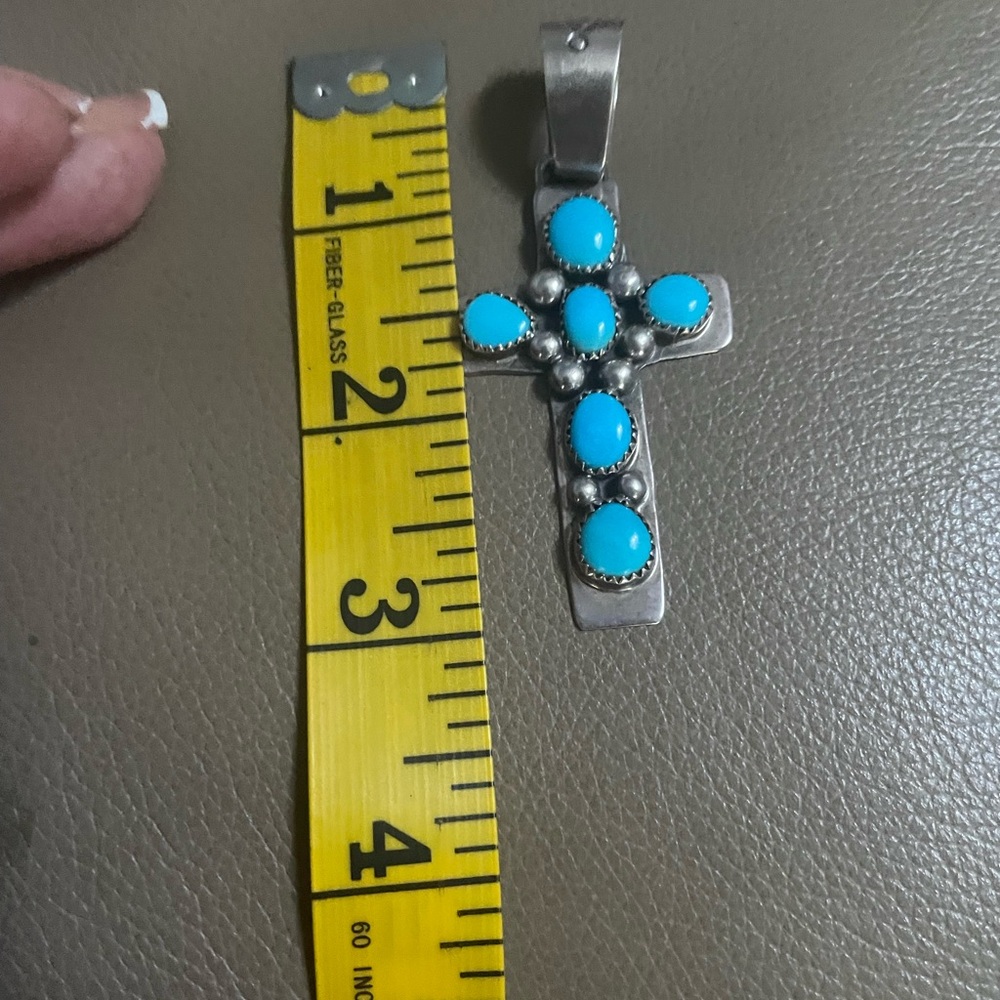 Large Navajo Signed Turquoise and Silver Cross Pendant 🦋 - Picture 6 of 11